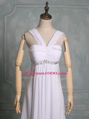 Hot Selling White Straps Neckline Beading and Ruching Evening Wear Sleeveless Zipper