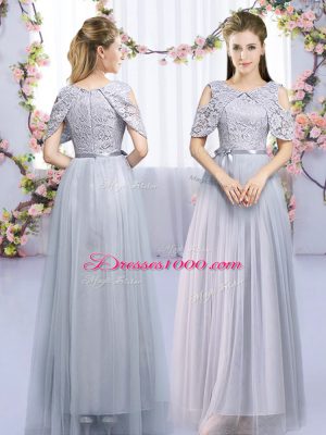 Popular Grey Quinceanera Court Dresses Wedding Party with Lace and Belt Scoop Sleeveless Zipper