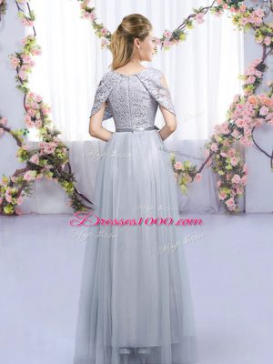 Popular Grey Quinceanera Court Dresses Wedding Party with Lace and Belt Scoop Sleeveless Zipper