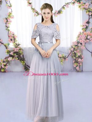 Popular Grey Quinceanera Court Dresses Wedding Party with Lace and Belt Scoop Sleeveless Zipper