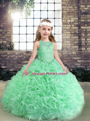 Organza Scoop Sleeveless Lace Up Beading and Ruffles Pageant Gowns For Girls in Apple Green
