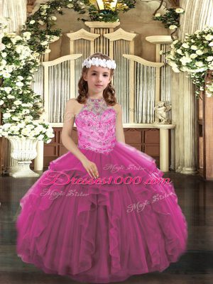Dazzling Tulle Halter Top Sleeveless Lace Up Beading and Ruffles Kids Pageant Dress in Fuchsia