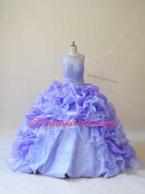 Simple Lavender Ball Gowns Scoop Sleeveless Organza Brush Train Zipper Beading and Ruffles Sweet 16 Dresses