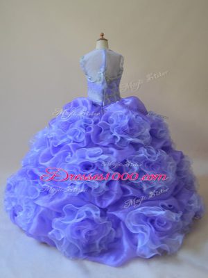 Simple Lavender Ball Gowns Scoop Sleeveless Organza Brush Train Zipper Beading and Ruffles Sweet 16 Dresses