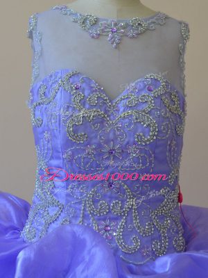 Simple Lavender Ball Gowns Scoop Sleeveless Organza Brush Train Zipper Beading and Ruffles Sweet 16 Dresses