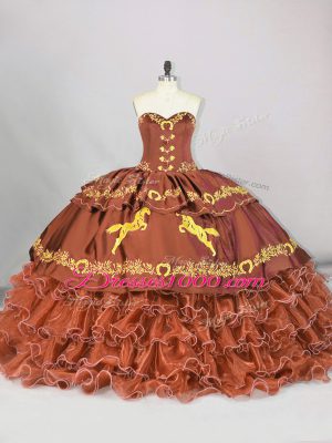Stunning Sweetheart Sleeveless Brush Train Lace Up Sweet 16 Quinceanera Dress Brown Satin and Organza
