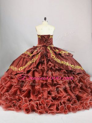 Stunning Sweetheart Sleeveless Brush Train Lace Up Sweet 16 Quinceanera Dress Brown Satin and Organza