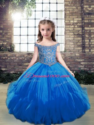 Sleeveless Floor Length Beading Lace Up Winning Pageant Gowns with Blue
