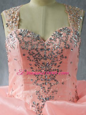 Super Peach Zipper Straps Beading and Ruffles and Pick Ups Quinceanera Dress Organza Sleeveless