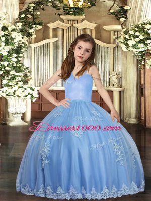 Enchanting Baby Blue Tulle Lace Up Straps Sleeveless Floor Length Child Pageant Dress Appliques