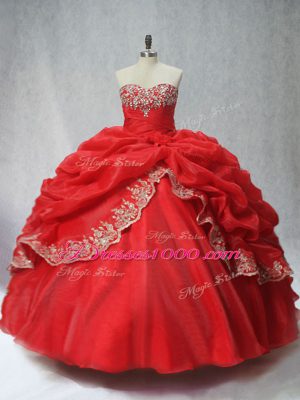 Amazing Sweetheart Sleeveless 15 Quinceanera Dress Floor Length Appliques and Pick Ups Red Organza