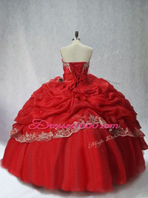 Amazing Sweetheart Sleeveless 15 Quinceanera Dress Floor Length Appliques and Pick Ups Red Organza