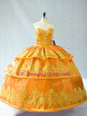 Gold Ball Gowns Sweetheart Sleeveless Organza Floor Length Lace Up Embroidery and Ruffled Layers Sweet 16 Dresses