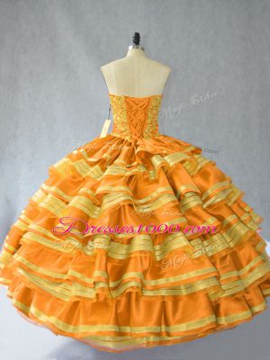 Gold Ball Gowns Sweetheart Sleeveless Organza Floor Length Lace Up Embroidery and Ruffled Layers Sweet 16 Dresses