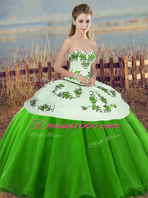 Floor Length Green 15th Birthday Dress Tulle Sleeveless Embroidery and Bowknot