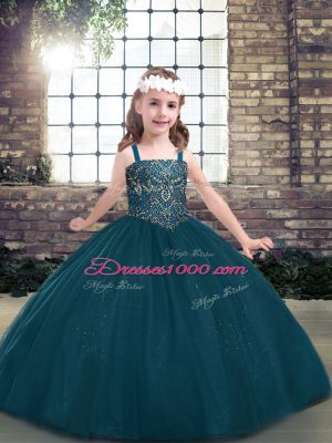 Tulle Long Sleeves Floor Length Pageant Dress for Girls and Beading