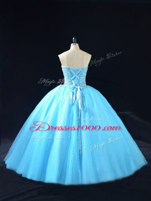 Deluxe Tulle Sweetheart Sleeveless Lace Up Beading Vestidos de Quinceanera in Baby Blue