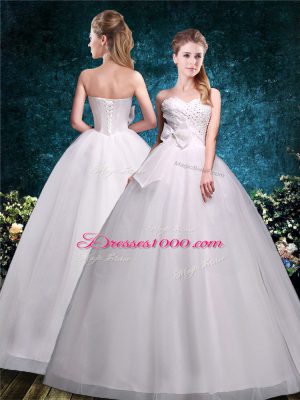 White Wedding Gown Wedding Party with Beading and Bowknot Sweetheart Sleeveless Lace Up