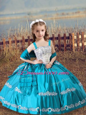 Custom Fit Teal Lace Up Little Girl Pageant Gowns Beading and Embroidery Sleeveless Floor Length