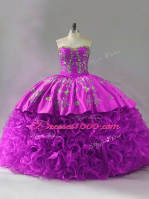 Ideal Sleeveless Beading and Embroidery and Ruffles Lace Up Quinceanera Dress with Fuchsia Brush Train