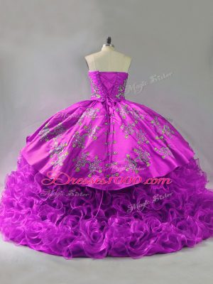 Ideal Sleeveless Beading and Embroidery and Ruffles Lace Up Quinceanera Dress with Fuchsia Brush Train