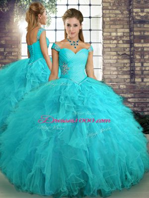 Popular Off The Shoulder Sleeveless Tulle Quinceanera Gowns Beading and Ruffles Lace Up