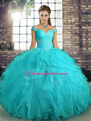 Popular Off The Shoulder Sleeveless Tulle Quinceanera Gowns Beading and Ruffles Lace Up