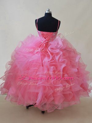 Tulle Spaghetti Straps Sleeveless Lace Up Beading and Ruffles Evening Gowns in Pink