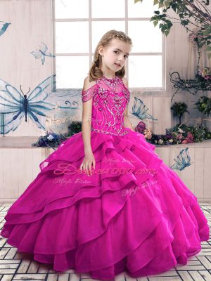 Amazing Fuchsia Sleeveless Floor Length Beading and Ruffles Lace Up Child Pageant Dress