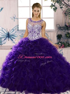 Purple Lace Up Scoop Beading and Ruffles Ball Gown Prom Dress Organza Sleeveless