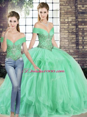 Designer Beading and Ruffles Sweet 16 Dresses Apple Green Lace Up Sleeveless Floor Length