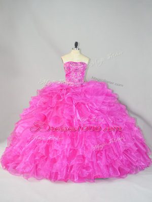 Sleeveless Beading and Ruffles Lace Up Vestidos de Quinceanera with Hot Pink Court Train