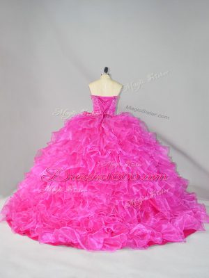 Sleeveless Beading and Ruffles Lace Up Vestidos de Quinceanera with Hot Pink Court Train