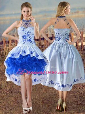 Spectacular Blue And White Quinceanera Dresses Sweet 16 and Quinceanera with Embroidery and Ruffles Halter Top Sleeveless Lace Up