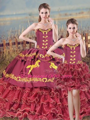 Beautiful Burgundy Sweetheart Neckline Embroidery and Ruffles Quinceanera Dress Sleeveless Lace Up