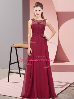 Ideal Burgundy Sleeveless Beading and Appliques Floor Length Wedding Party Dress