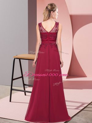 Ideal Burgundy Sleeveless Beading and Appliques Floor Length Wedding Party Dress