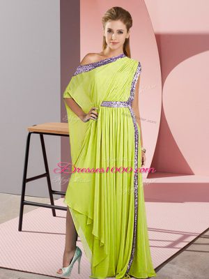 Attractive One Shoulder Sleeveless Prom Gown Asymmetrical Sequins Yellow Green Chiffon