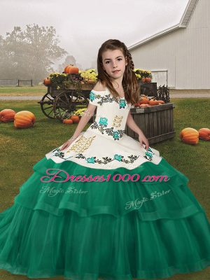 Hot Sale Turquoise Straps Neckline Embroidery and Ruffled Layers Little Girls Pageant Gowns Sleeveless Lace Up