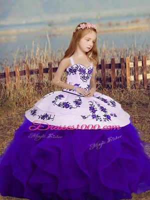 Sleeveless Floor Length Embroidery and Ruffles Lace Up Pageant Dresses with Purple
