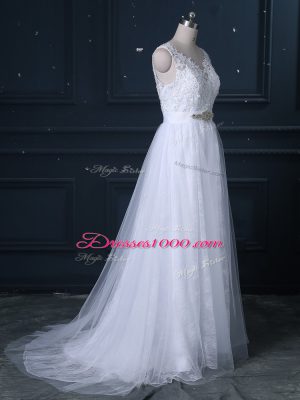 Comfortable White Empire Lace V-neck Sleeveless Beading and Lace Backless Wedding Dress Brush Train