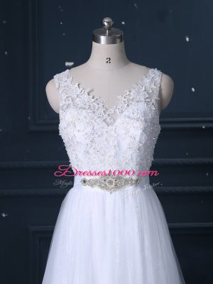 Comfortable White Empire Lace V-neck Sleeveless Beading and Lace Backless Wedding Dress Brush Train