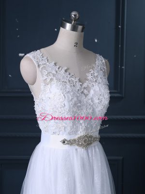 Comfortable White Empire Lace V-neck Sleeveless Beading and Lace Backless Wedding Dress Brush Train