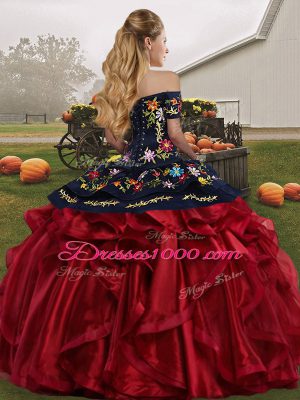 Flare Off The Shoulder Sleeveless 15th Birthday Dress Floor Length Embroidery and Ruffles Black And Purple Organza
