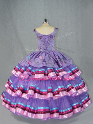 Lavender Sleeveless Embroidery and Ruffled Layers Floor Length Quinceanera Dresses