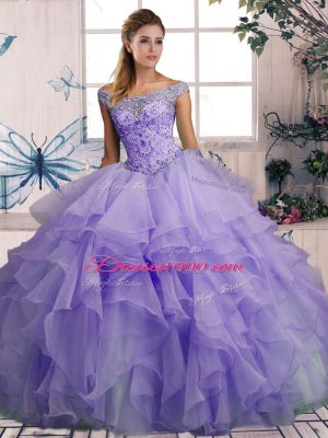 Floor Length Lace Up Quinceanera Gown Lavender for Military Ball and Sweet 16 and Quinceanera with Beading and Ruffles