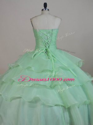 Stunning Organza Sleeveless Floor Length Sweet 16 Dress and Ruffled Layers and Ruching and Hand Made Flower