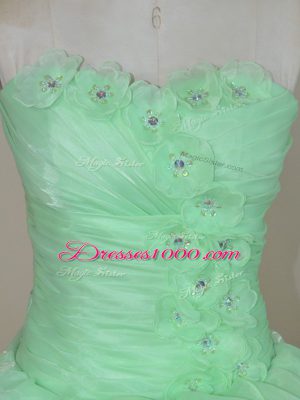 Stunning Organza Sleeveless Floor Length Sweet 16 Dress and Ruffled Layers and Ruching and Hand Made Flower