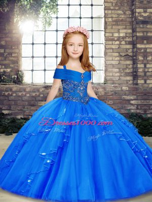 Pretty Blue Straps Neckline Beading Child Pageant Dress Sleeveless Lace Up