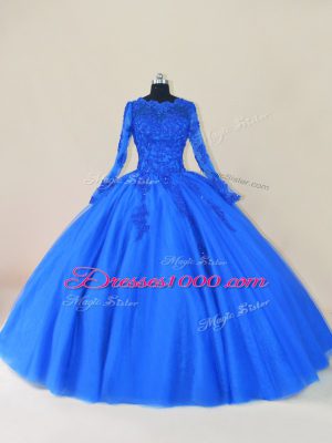 Tulle Scalloped Long Sleeves Zipper Lace and Appliques 15th Birthday Dress in Royal Blue